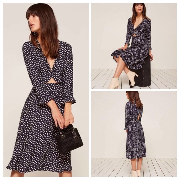 Reformation Navy Polka Dot Midi Dress Sz 0 - Picture 2 of 8